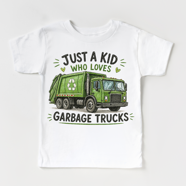 Just a Kid Who Loves Garbage Trucks Kids Graphic T-Shirt | Recycling Truck Tee for Boys & Girls