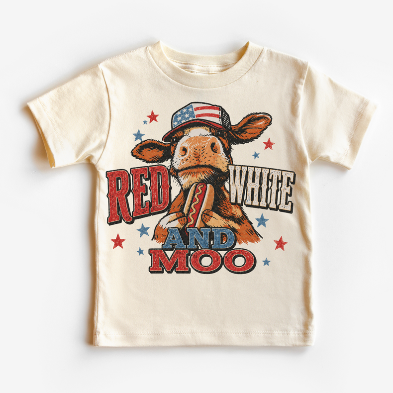Red White and Moo Kids Shirt | Funny Cow 4th of July Tee | Patriotic Farm T-Shirt