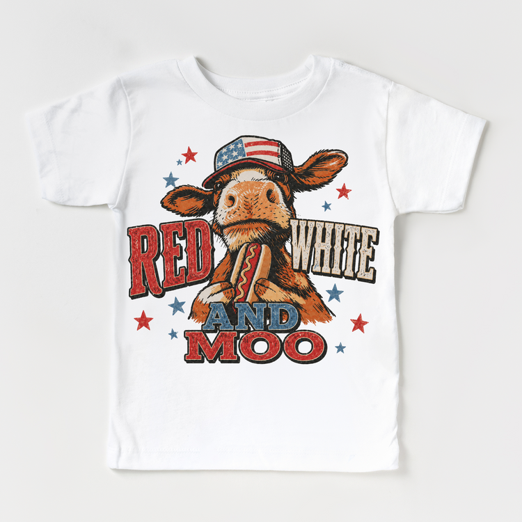 Red White and Moo Kids Shirt | Funny Cow 4th of July Tee | Patriotic Farm T-Shirt