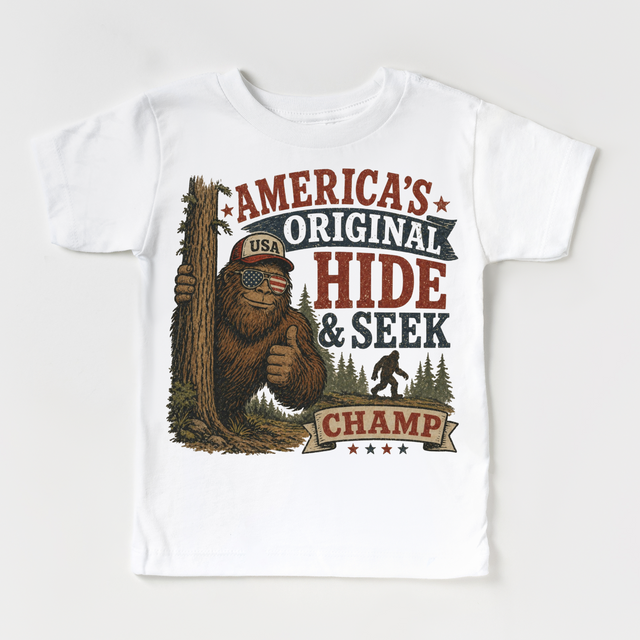 America’s Original Hide and Seek Champ Shirt | Funny Bigfoot Kids Tee | Patriotic Kids Shirt