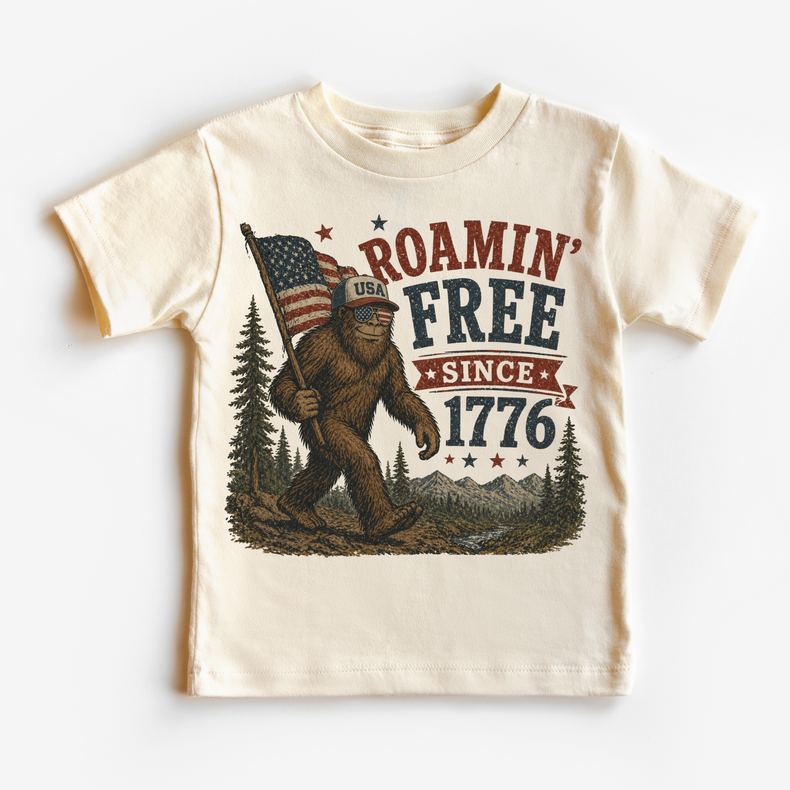 Sasquatch Roamin Free Since 1776 Kids Shirt | Funny Bigfoot Patriotic Tee | 4th of July Kids Shirt