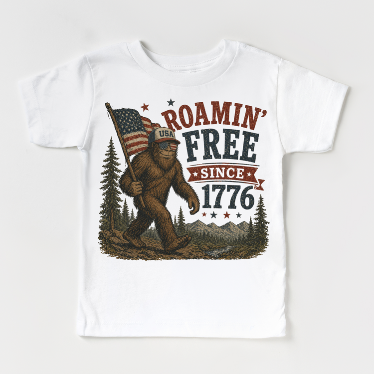 Sasquatch Roamin Free Since 1776 Kids Shirt | Funny Bigfoot Patriotic Tee | 4th of July Kids Shirt
