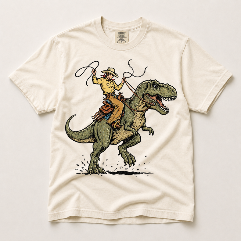Cowboy Riding T-Rex Comfort Colors Graphic Tee, Western Dinosaur Rodeo Shirt