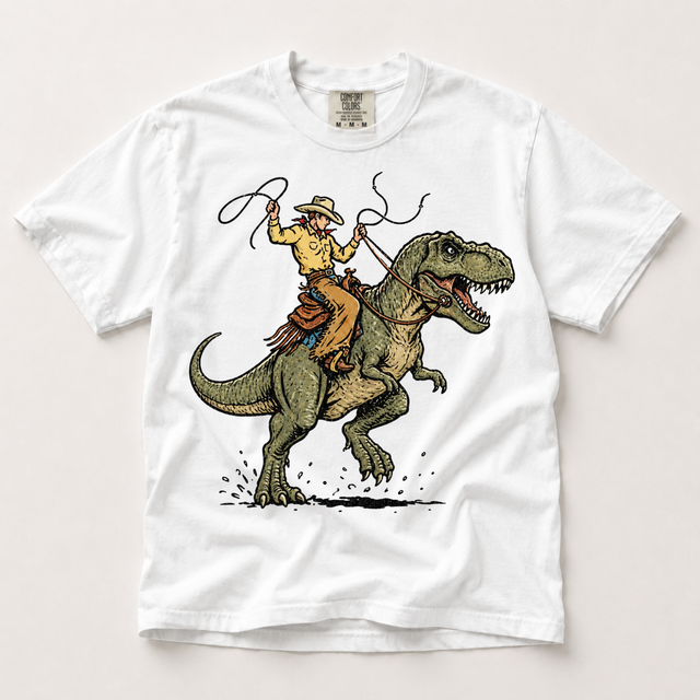 Cowboy Riding T-Rex Comfort Colors Graphic Tee, Western Dinosaur Rodeo Shirt