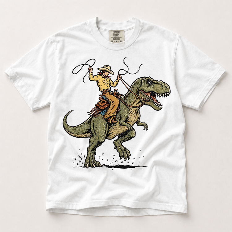 Cowboy Riding T-Rex Comfort Colors Graphic Tee, Western Dinosaur Rodeo Shirt