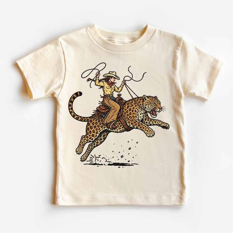 Cowgirl Riding Leopard Shirt, Western Animal Kids Tee, Rodeo Leopard Shirt, Wild West Kids Graphic Tee, Funny Cowboy Shirt