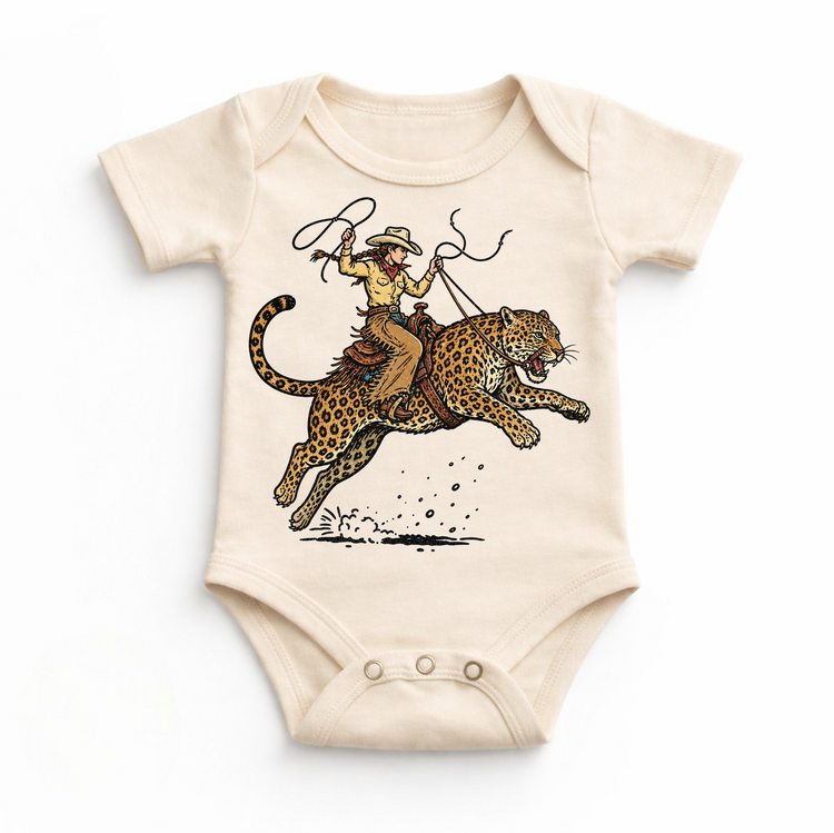 Cowgirl Riding Leopard Shirt, Western Animal Kids Tee, Rodeo Leopard Shirt, Wild West Kids Graphic Tee, Funny Cowboy Shirt