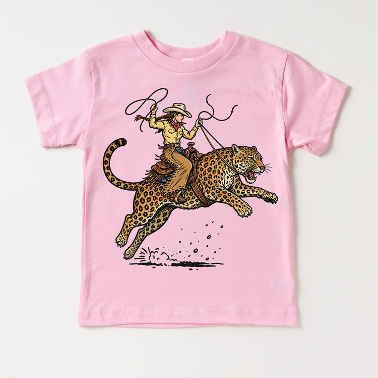 Cowgirl Riding Leopard Shirt, Western Animal Kids Tee, Rodeo Leopard Shirt, Wild West Kids Graphic Tee, Funny Cowboy Shirt