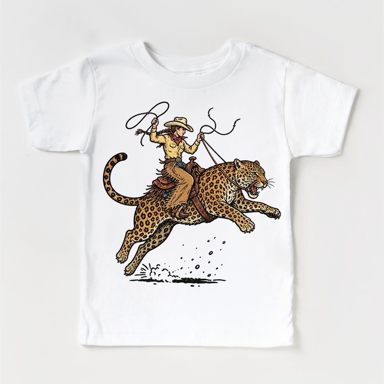 Cowgirl Riding Leopard Shirt, Western Animal Kids Tee, Rodeo Leopard Shirt, Wild West Kids Graphic Tee, Funny Cowboy Shirt