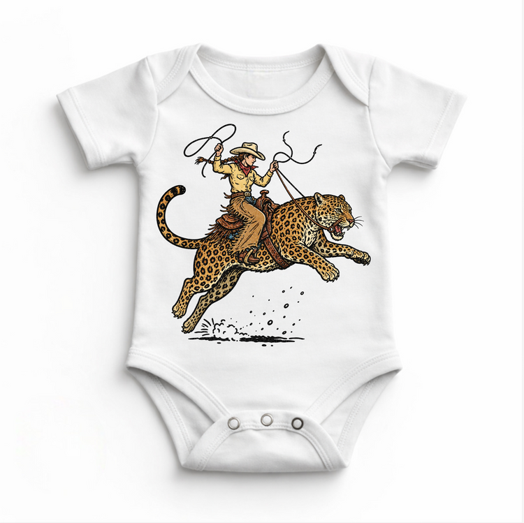 Cowgirl Riding Leopard Shirt, Western Animal Kids Tee, Rodeo Leopard Shirt, Wild West Kids Graphic Tee, Funny Cowboy Shirt