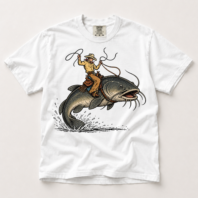 Cowboy Riding A Catfish Comfort Colors Graphic Tee, Western Fising Rodeo Shirt