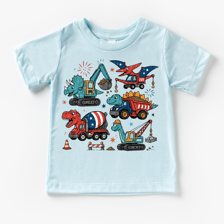 Dinosaur Construction Shirt, Dino Truck Kids Tee, Patriotic Kids Shirt, 4th of July Dinosaur Shirt, Construction Truck Kids Shirt