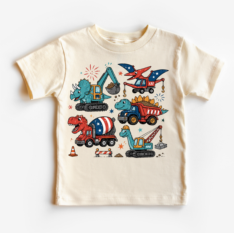 Dinosaur Construction Shirt, Dino Truck Kids Tee, Patriotic Kids Shirt, 4th of July Dinosaur Shirt, Construction Truck Kids Shirt