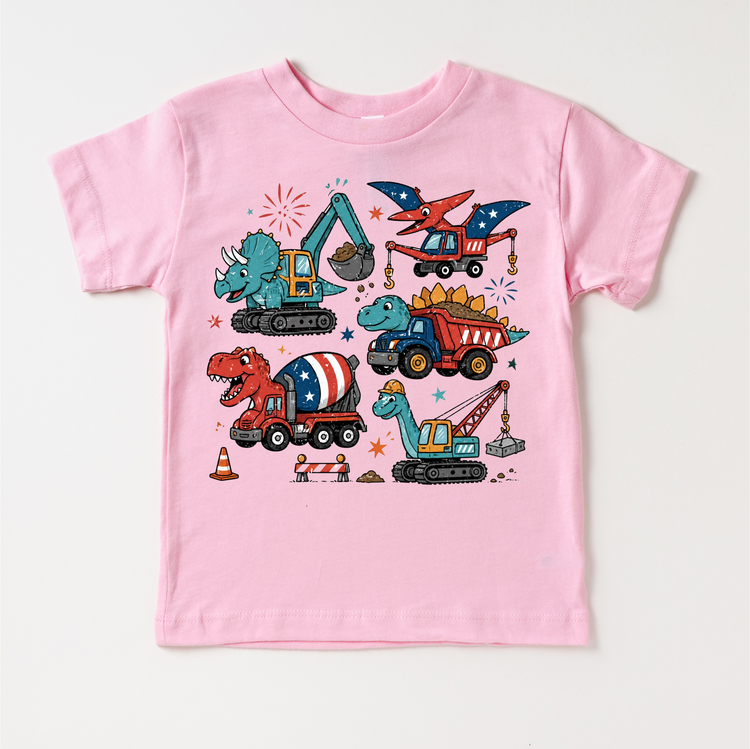 Dinosaur Construction Shirt, Dino Truck Kids Tee, Patriotic Kids Shirt, 4th of July Dinosaur Shirt, Construction Truck Kids Shirt