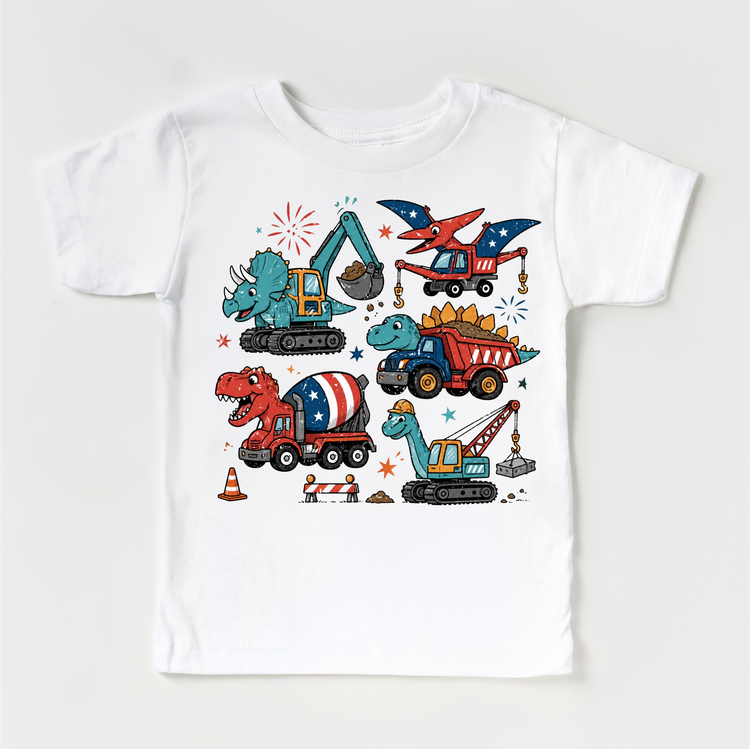 Dinosaur Construction Shirt, Dino Truck Kids Tee, Patriotic Kids Shirt, 4th of July Dinosaur Shirt, Construction Truck Kids Shirt