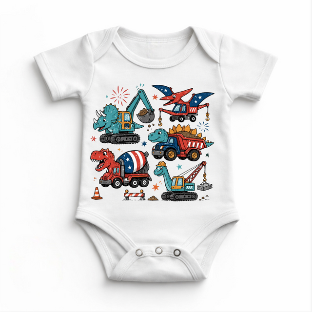 Dinosaur Construction Shirt, Dino Truck Kids Tee, Patriotic Kids Shirt, 4th of July Dinosaur Shirt, Construction Truck Kids Shirt