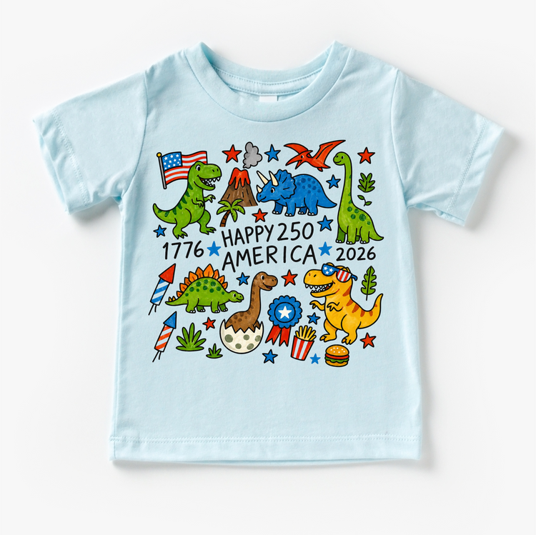 Happy 250 America Dinosaur Kids T-Shirt – Patriotic Dino Shirt – 4th of July 2026 Tee for Toddlers & Kids