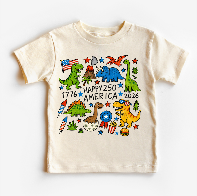 Happy 250 America Dinosaur Kids T-Shirt – Patriotic Dino Shirt – 4th of July 2026 Tee for Toddlers & Kids