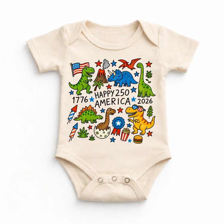 Happy 250 America Dinosaur Kids T-Shirt – Patriotic Dino Shirt – 4th of July 2026 Tee for Toddlers & Kids