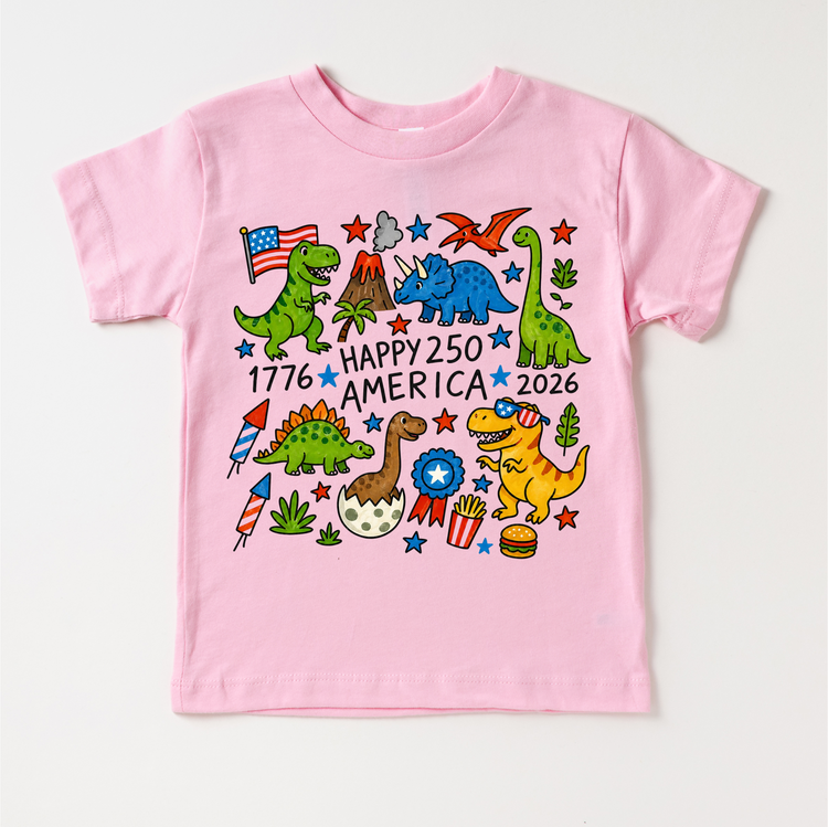 Happy 250 America Dinosaur Kids T-Shirt – Patriotic Dino Shirt – 4th of July 2026 Tee for Toddlers & Kids