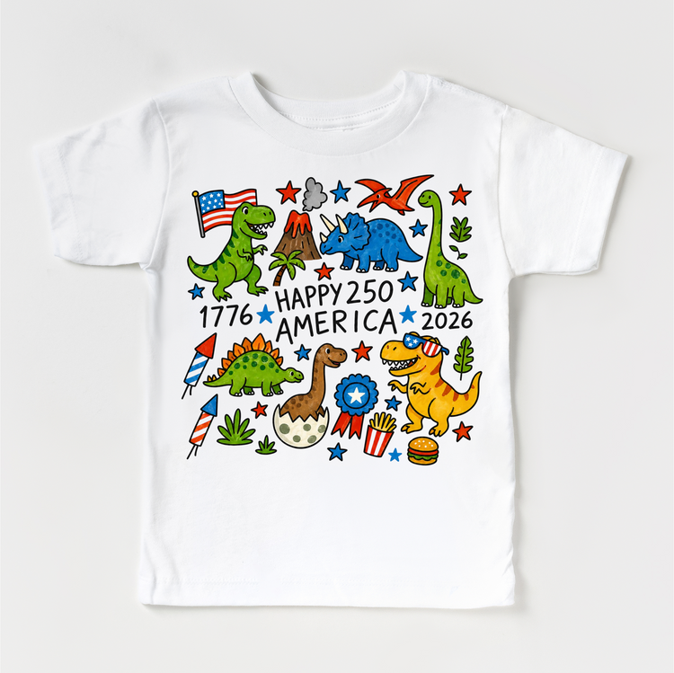 Happy 250 America Dinosaur Kids T-Shirt – Patriotic Dino Shirt – 4th of July 2026 Tee for Toddlers & Kids