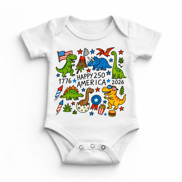Happy 250 America Dinosaur Kids T-Shirt – Patriotic Dino Shirt – 4th of July 2026 Tee for Toddlers & Kids