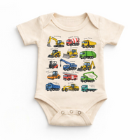 Natural baby bodysuit with a colorful chart of construction and work vehicles.