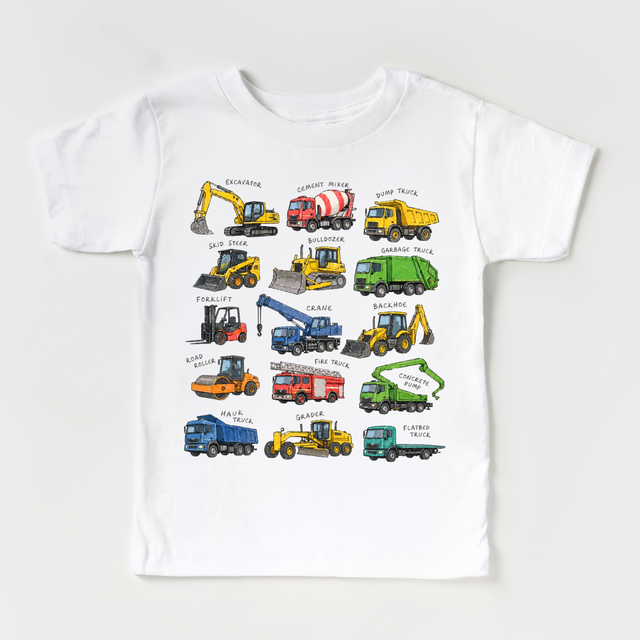 Construction Truck Kids T-Shirt | Vehicle Chart Tee | Educational Truck Shirt | Excavator Dump Truck Tee | Toddler Construction Shirt