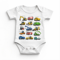 White baby bodysuit with a colorful chart of construction and work vehicles.