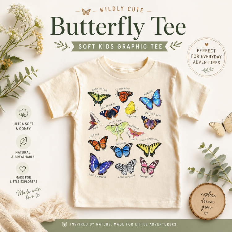 Kids Butterfly Shirt, Educational Insect Graphic Tee, Nature T-Shirt for Boys and Girls