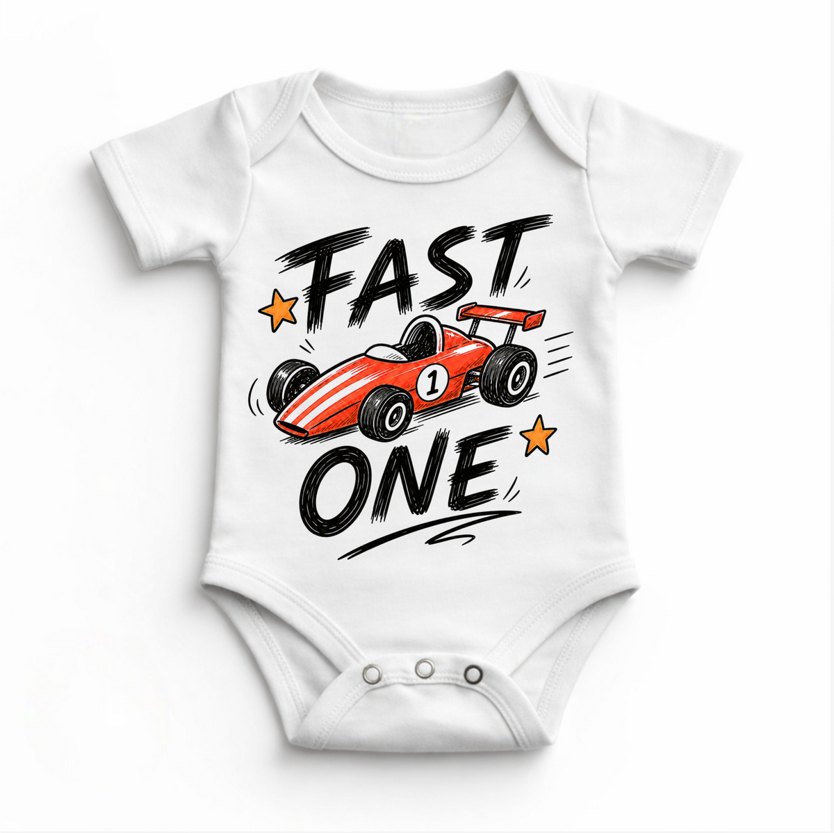 Fast One Race Car Birthday design on a white baby bodysuit.