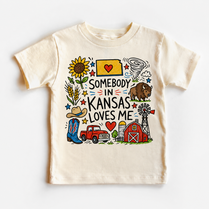 Somebody in Kansas Loves Me Kids Graphic Tee, Kansas State Souvenir Shirt
