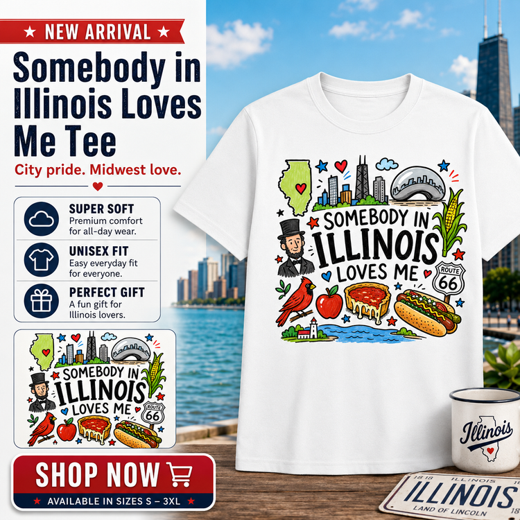 Illinois Kids Graphic T-Shirt, Somebody in Illinois Loves Me Tee, Chicago Toddler Shirt, Midwest Doodle Design