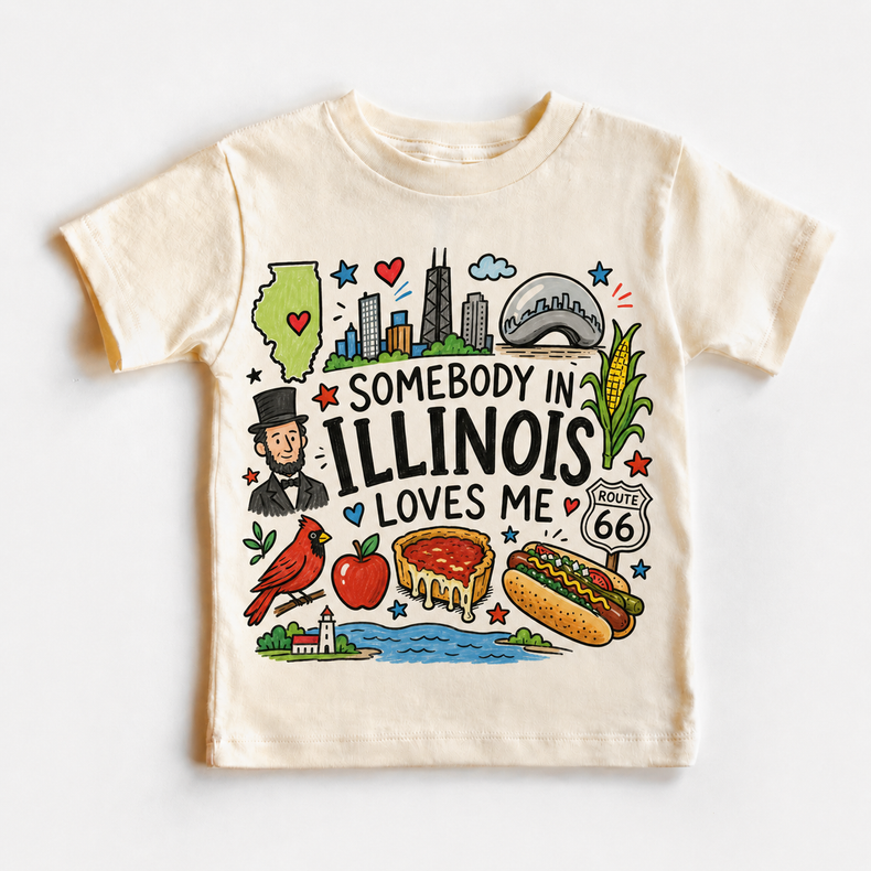 Illinois Kids Graphic T-Shirt, Somebody in Illinois Loves Me Tee, Chicago Toddler Shirt, Midwest Doodle Design