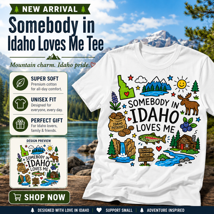 Idaho Kids Graphic T-Shirt, Somebody in Idaho Loves Me Tee, Mountain State Toddler Shirt, Outdoors Doodle Design