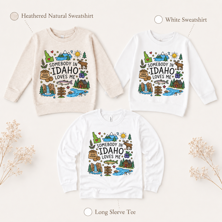 Idaho Kids Graphic T-Shirt, Somebody in Idaho Loves Me Tee, Mountain State Toddler Shirt, Outdoors Doodle Design