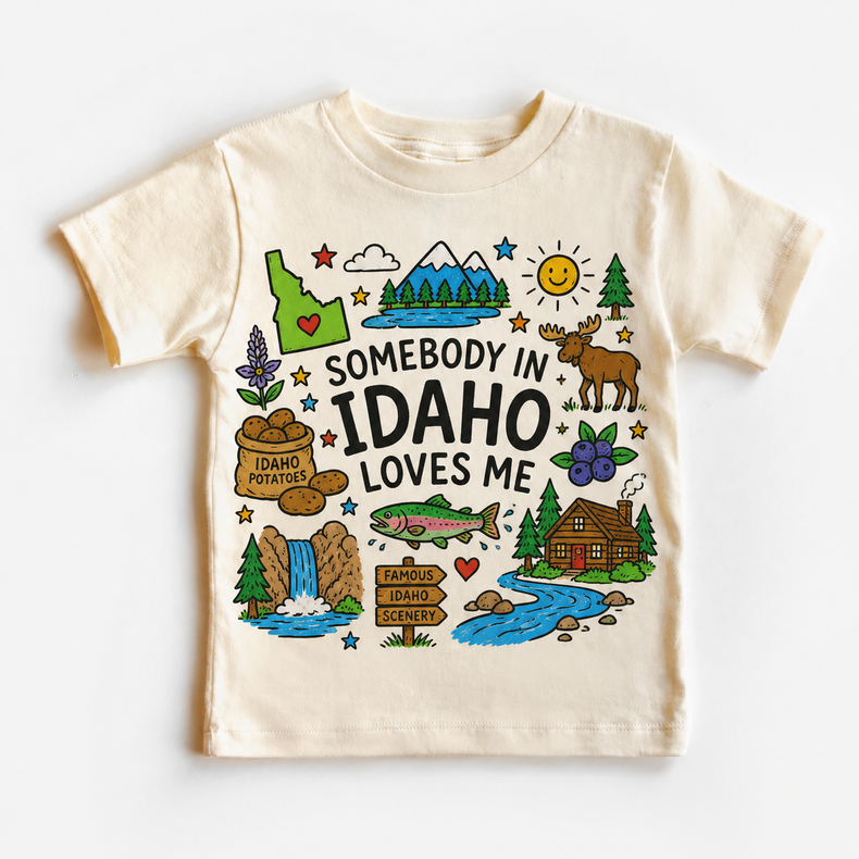 Idaho Kids Graphic T-Shirt, Somebody in Idaho Loves Me Tee, Mountain State Toddler Shirt, Outdoors Doodle Design