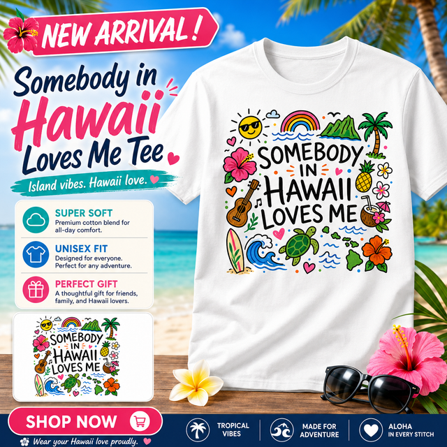 Somebody in Hawaii Loves Me Kids Shirt, Hawaii Toddler T-Shirt, Tropical Island Doodle Tee, Vacation Souvenir Shirt
