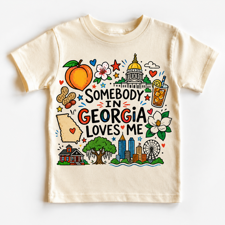 Georgia Kids Graphic T-Shirt, Somebody in Georgia Loves Me Tee, Peach State Toddler Shirt, Southern Doodle Design