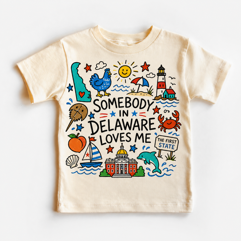 Somebody in Delaware Loves Me Kids Shirt, Delaware Toddler T-Shirt, First State Doodle Tee, Coastal State Souvenir Shirt