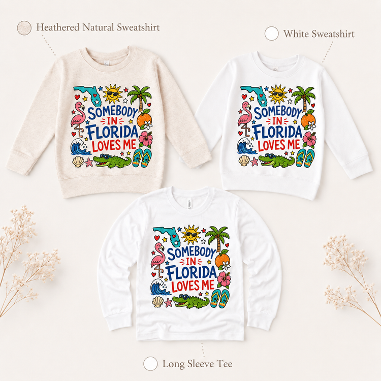 Florida Kids Graphic T-Shirt, Somebody in Florida Loves Me Tee, Sunshine State Toddler Shirt, Tropical Doodle Design