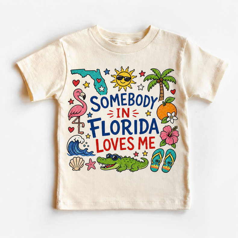 Florida Kids Graphic T-Shirt, Somebody in Florida Loves Me Tee, Sunshine State Toddler Shirt, Tropical Doodle Design