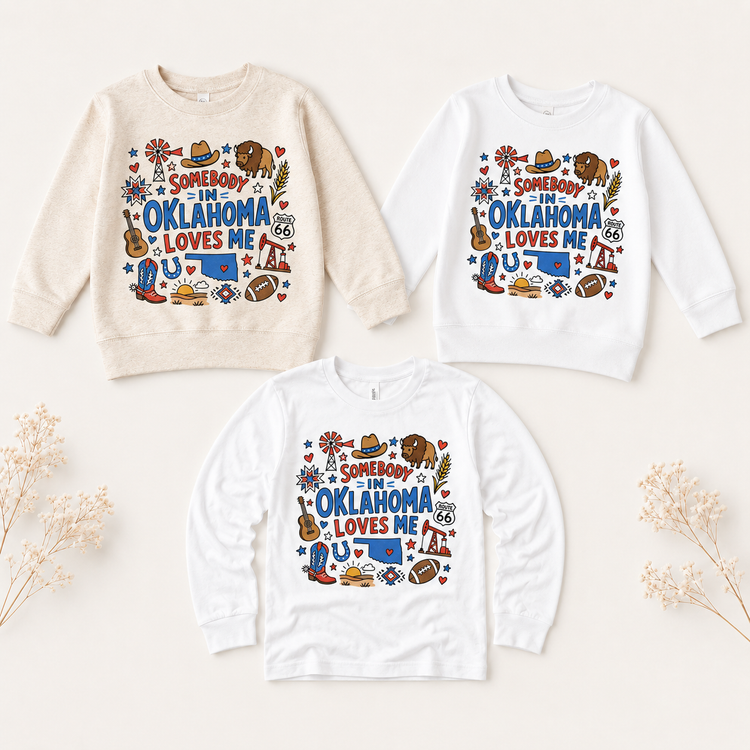 Somebody in Oklahoma Loves Me Kids Graphic Tee | Oklahoma Souvenir Shirt | State Pride Toddler Tee | Route 66 Western Kids Shirt
