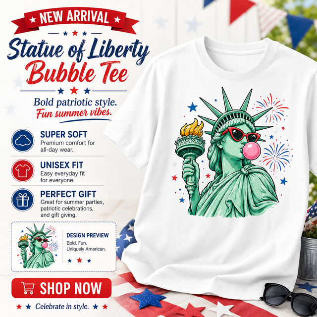 Statue Of Liberty Bubble Gum Kids 4th Of July Graphic Tee, Patriotic Summer Shirt