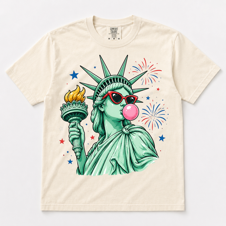 Statue Of Liberty Blowing A Bubble Graphic Tee | Patriotic America Shirt | 4th Of July
