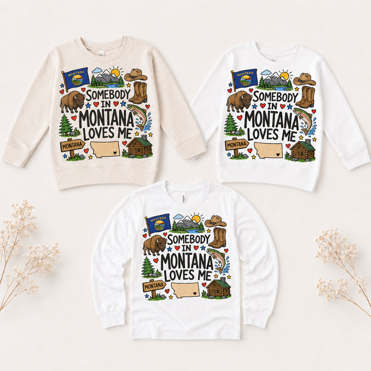 Somebody in Montana Loves Me Kids T-Shirt, Montana State Souvenir Tee, Toddler Travel Shirt, Western Mountain Wildlife Graphic Tee