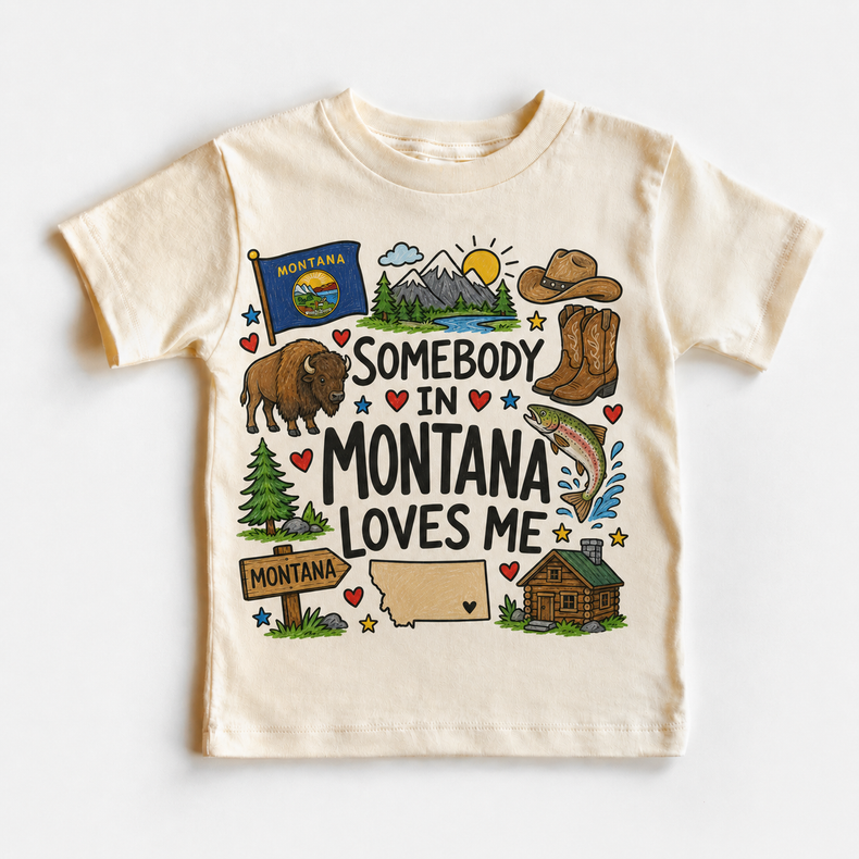 Somebody in Montana Loves Me Kids T-Shirt, Montana State Souvenir Tee, Toddler Travel Shirt, Western Mountain Wildlife Graphic Tee
