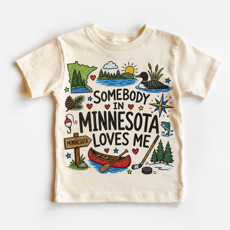 Somebody in Minnesota Loves Me Kids T-Shirt | Minnesota Toddler Tee | State Souvenir Shirt | Lake Life Graphic Tee