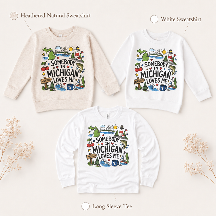 Somebody in Michigan Loves Me Kids T-Shirt | Michigan Toddler Tee | State Souvenir Shirt | Great Lakes Graphic Tee