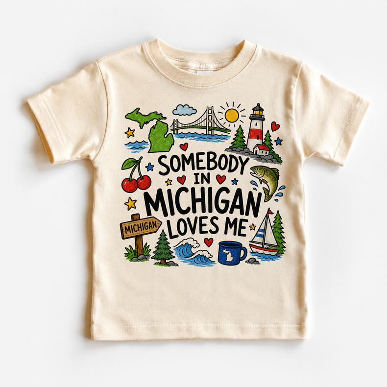 Somebody in Michigan Loves Me Kids T-Shirt | Michigan Toddler Tee | State Souvenir Shirt | Great Lakes Graphic Tee